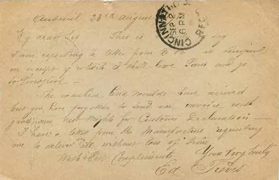 Cincinnati — Stanach Zjednoczonych — Karta pocztowa wysłana z Paryża — Rewers