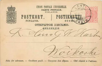 Lähti — cartão postal finlandês datado 15.6.1894 — editor Union Postale Universelle, selo 10 pf