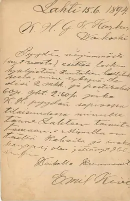 Lähti — cartão postal finlandês datado 15.6.1894 — editor Union Postale Universelle, selo 10 pf — Verso