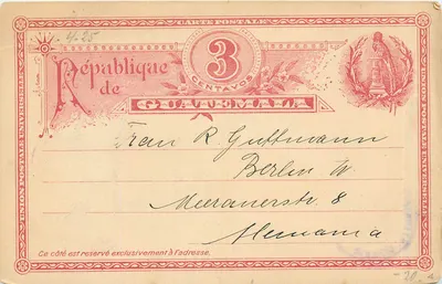 República do Guatémala — carta postal de 3 centavos — editor Union Postale Universelle