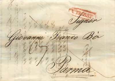 Trénes — Carta para Giovanni Franco Bò em Parma — Selo e carimbo de Trénes