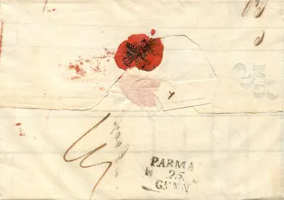 Trénes — Carta para Giovanni Franco Bò em Parma — Selo e carimbo de Trénes — Verso