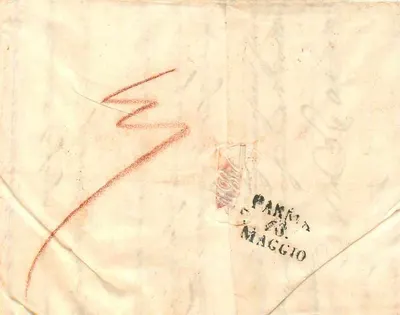 Trieste — Verso Trieste, destino Parma — carimbo e datação — Verso