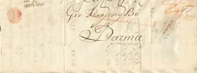 Cartão postal destinado a Gio. Francesco Bo em Parma — datado de setembro de 1840 — com selo e carimbo postal