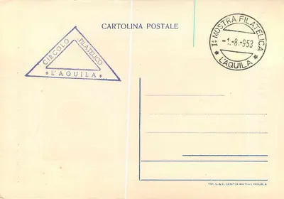 1ª Mostra Filatélica Abruzzese — L'Aquila — edição do CIRCOLO FILATELICO L'AQUILA — Verso