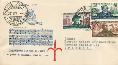 Cinquentenário da Morte de G. Verdi — 1º dia de emissão — Trieste, Barcola