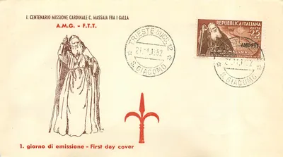 Sứ mệnh của Hồng y Massaia — Trieste Nam 1952 — Bưu thiếp ngày phát hành đầu tiên
