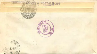 Trieste - Primeira jornada - Envelope aéreo para Elizabeth, New Jersey, USA — Verso