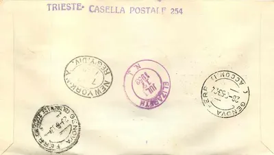 Fiera di Trieste — 1º dia de emissão — editor G.A.M.R. Internazionale, número da série não visível — Verso