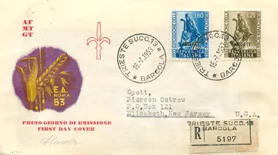 Primeiro dia de emissão - Roma 1953 — editor E.A. Roma, n° de série 53