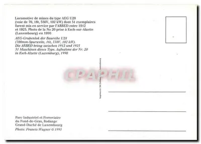 Locomotiva de minas AEG U28 — tipo U28, ARBED, Esch-sur-Alzette — Imprimeur-Mit-Schlim, Luxemburgo — Verso