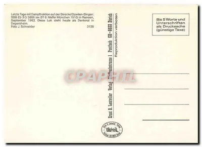 Últimos dias da tração a vapor na linha Etzwilen-Singen — SBB Eb 3/5 5886 (ex BT 6: Maffei München 1910) em Degersheim — Ernst B. Lautwiler Verlag — Verso