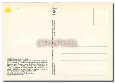 Locomotiva a vapor tipo 12 — Atlantic — SNCB, Schaerbeek em torno de 1962 — Edition a.s.b.l. — Verso