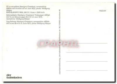 Trem de cremalheira Martigny-Châtelard — composição ABDeh 4/4 14 e Bt 4 51 — editor der bahnladen, n° 11023/91 — Verso