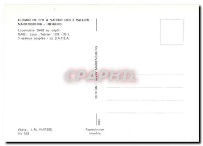 Linha férrea a vapor das 3 Vales — Locomotiva SA03 no depósito — Mariembourg — Verso