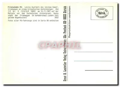 Pilatusbahn — Ostatnie wyjazd ostatniego lokomotywu parowego n°9 — wydanie Leutwiler — Rewers