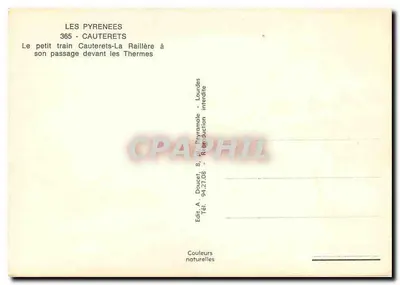 Cauterets-La Raillère — Mały pociąg podczas przejazdu obok Termów — Wyd. A. Doucet — Rewers