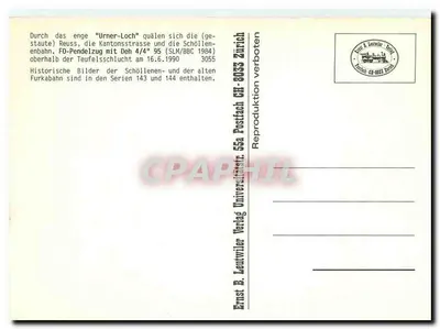 Trem de pendular atravessando o túnel de Urner-Loch — Série 55a, editor B. Leutwiler Verlag, Zurique — Verso