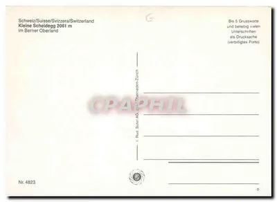 Kleine Scheidegg — montanhas nevadas, trem amarelo, parapente e esquiadores — Rud. Suter AG, Zurique, n° 4823 — Verso