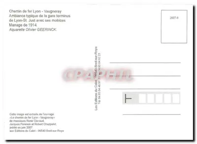 Linia kolejowa Lyon - Vaugneray — typowa atmosfera stacji końcowej Lyon-St. Just z lokomotywami Manage z 1914 — akwarela Olivier GEERINCK — Rewers