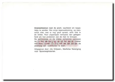 Arsenaalmannen przy drzwiach — czekają na przybycie klientów — wydane przez «De Mijlpaal», Méchelse Vereniging voor Spoorweghistoriek — Rewers