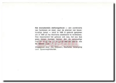 Stacja kolejowa w Mechelen — monumentalna konstrukcja z kamienia i stali — projekt Jamar — wydana przez « De Mijlpaal » — Rewers