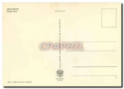 Widok miasta Neuchâtel — tramwaje i budynki — Wydawnictwo Jaeger, Neuchâtel — Rewers