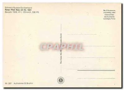 Trem vermelho Rote Pfeil R Ae 2/4 — Suíça — editor Rud. Suter AG, Zurique, n° 207 — Verso