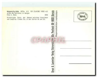 Wengernalpbahn — Tramwaj ABFhe 4/4 n°109 — Ernst B. Leutwiler Verlag — Rewers