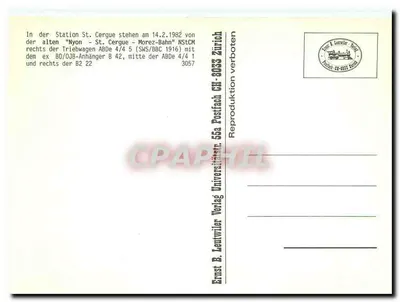 Estação de St. Cergue — trens da linha Nyon-St. Cergue-Morez — editor Ernst B. Lentwiler Verlag, Zurique — Verso