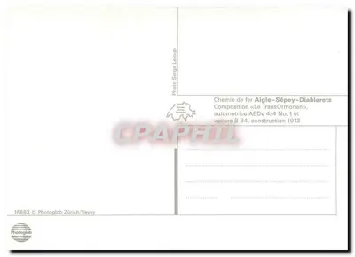 Trem a vapor nas montanhas — Ferrovia Aigle-Sépey-Diablerets — automotriz ABDe 4/4 N° 1, carruagem B 34, fabricação 1913 — Verso