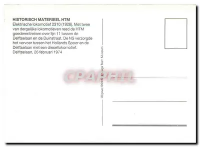 Duas locomotivas na linha 11 — HTM e NS — Delftse Laan, fevereiro de 1974 — Uitgave Stichting Tram Museum — Verso