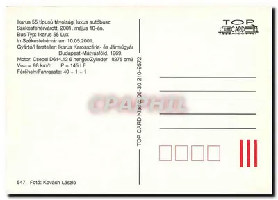 Autobus Ikarus 55 Lux — Székesfehérvár, 10 maja 2001 — TOP CARD Kiadó, nr 547 — Rewers