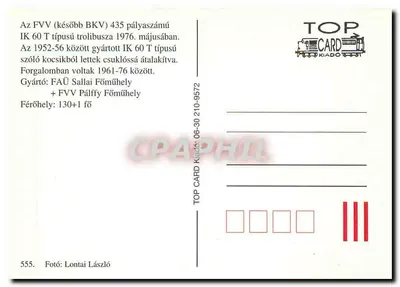 Trolleybus n°435 — FVV (BKV) — TOP CARD — Rewers