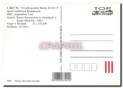 Trolejbus BKV Rt. 714 — Ikarus 412,81 T — Budapeszt — TOP CARD Kiadó n°559 — Rewers