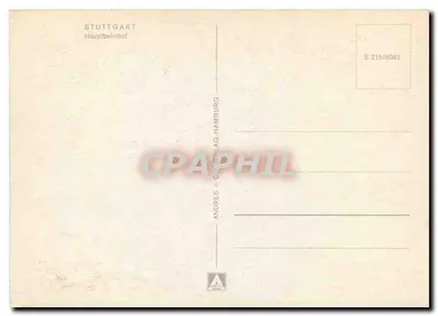 Główny dworzec w Stuttgart — widok z tramwajem — wydawca Andres & Coverlag Hamburg — Rewers