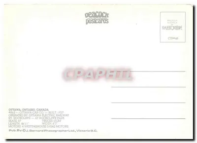 Trolley n°863 em Ottawa — Ottawa Car Co. — editor Peacock Postcards — Verso