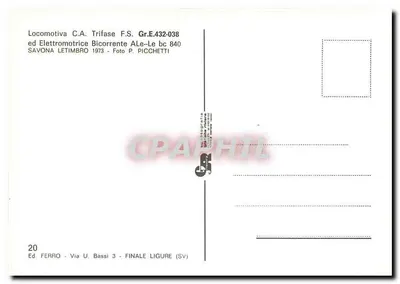 Locomotiva C.A. Trifase F.S. Gr.E.432-038 e Elettromotrice Bicorrente ALe-Le bc 840 — Savona, Letimbro, 1973 — Ed. Ferro, Finale Ligure — Verso