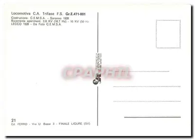 Elektryczna lokomotywa C.A. Trifase F.S. Gr.E.471-001 — Saronno 1928 — Wydawca Ferro, Finale Ligure (SV) — Rewers