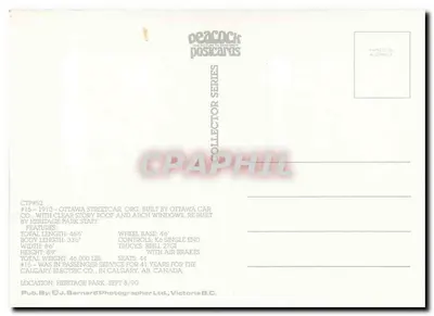 Calgary Municipal — czerwony tramwaj pasażerski — Peacock Postcards, seria Collector, nr 52 — Rewers