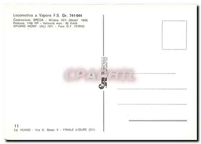 Locomotiva a vapor F.S. Gr. 741-044 — Breda, Milão 1911 (modif. 1959) — Ed. Ferro, Finale Ligure — Verso