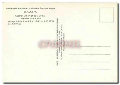 Autorail VH n°24 da CFTA — Viagem Especial A.A.A.T.V. a Rivières sous le Bois — Editado por J.P. Defforge — Verso