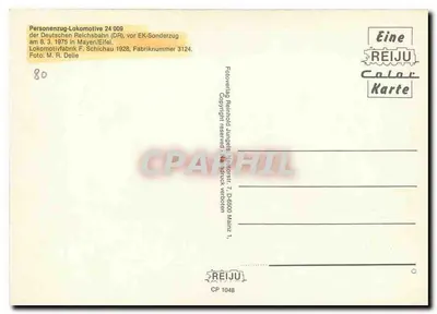 Lokomotiva 24 009 — Deutsche Reichsbahn — editor REIJU, n° CP 1048 — Verso