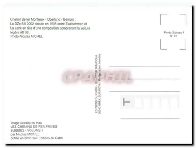 Kolej Montreux-Oberland-Bernois — DZe 6/6 2002 w czołgu składu z lekką wagonią AB 98 — Éditions du Cabri, N° 01 — Rewers