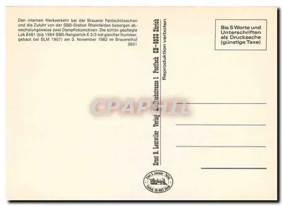 Lokomotiva SBB Rangierlok E 3/3 — Feldschlösschen — Ernst B. Leutwiler, Postfach 3601 — Verso