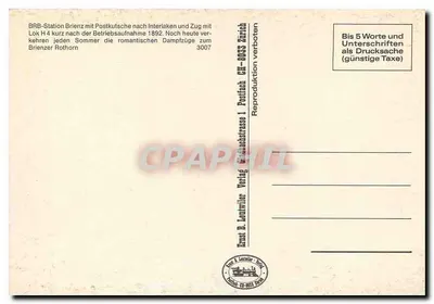 Stacja Brienzer Rothorn — stacja BRB z parowcem Lok H4 — wydawca Ernst B. Lentwiler, Zurych, n° 3007 — Rewers