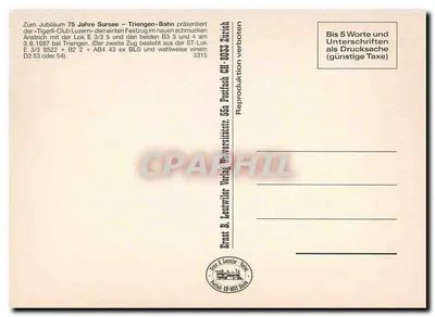 Trem a vapor e vagões vermelhos — Triengen-Bahn, 3.8.1987 — Ernst B. Leuwwiler Verlag — Verso