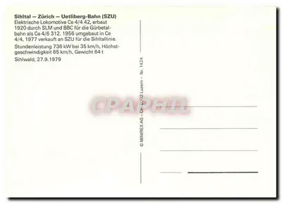 Sihltal — Zurych — Uetliberg-Bahn (SZU) — Lokomotywa Ce 4/4 42 — MINIREX AG — Nr 1424 — Rewers