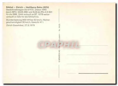 Sihltal — Zürich — Uetliberg-Bahn (SZU) — Gepäcktriebwagen De 4/4 51 — editor MINIREX-AG, n° 1425 — Verso