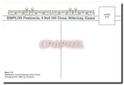 Tramway 715 em Berna — linha 9 para Wabern — editor SIMPLON Postcards — Verso